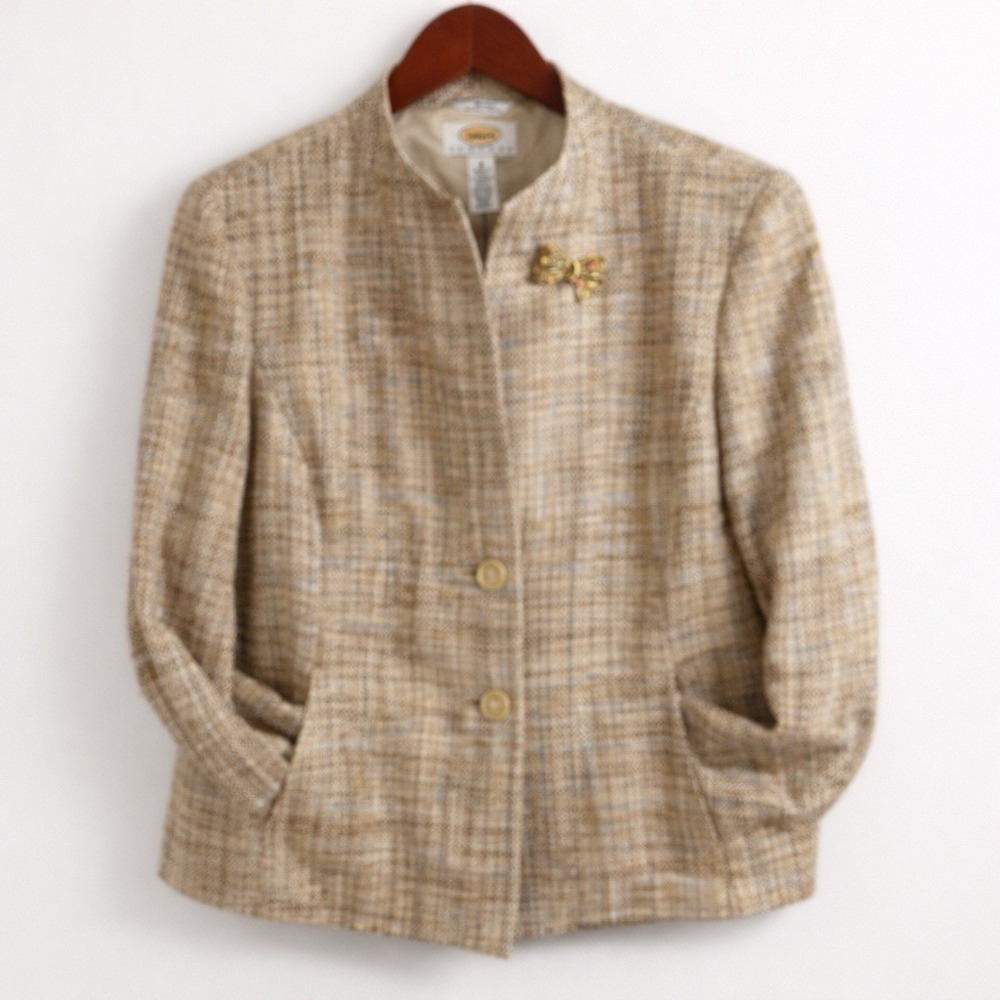 Vintage Talbots Petites 8P Tan Tweed Jacket Made in USA Italian Fabric Brooch - Picture 6 of 8